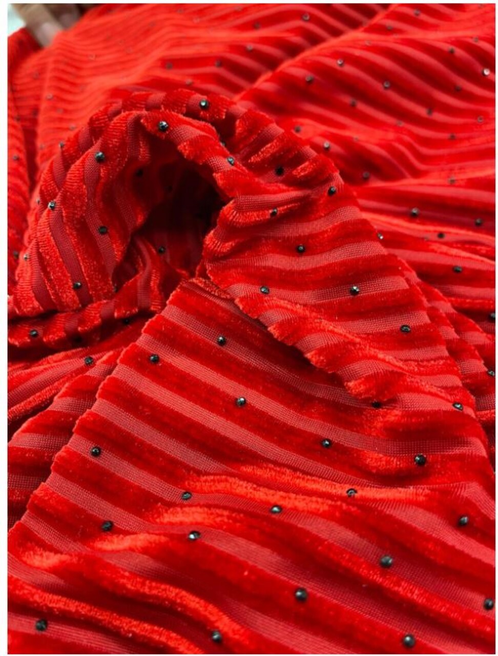 1 yard Red Stripe Jacquard Stretch Velvet Fabric for Dressmaking Formal Gowns Pants and Jackets